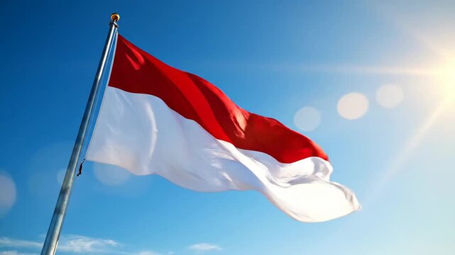 Indonesias Merah Putih Flag Waving Proudly Against a Bright Blue Sky.