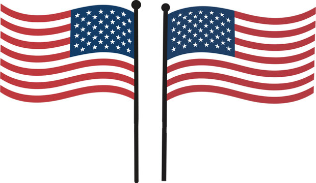 Two American national flags waving on poles for USA patriotic celebration independence day memorial day and United States government official symbols flat vector