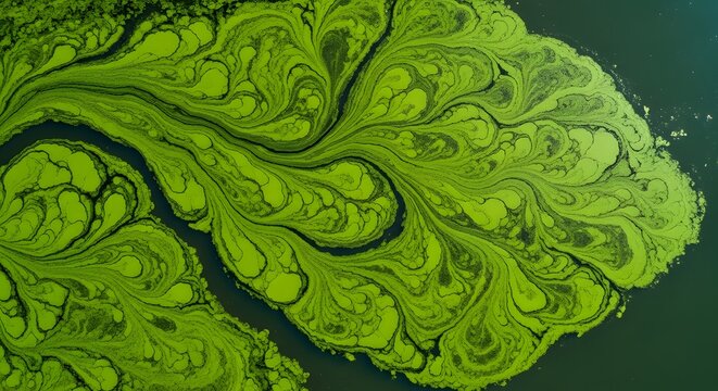 Closeup of green algae bloom on water surface forming abstract patterns.