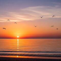 Obraz premium Sunset over calm ocean with birds.