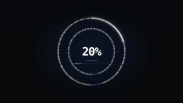 Dark cosmic field of blue particles forming a glowing circle around a centralized loading symbol