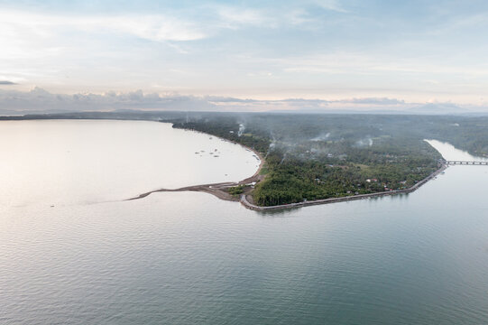 Aerial view of Donsol coastline and coastal town, Philippines