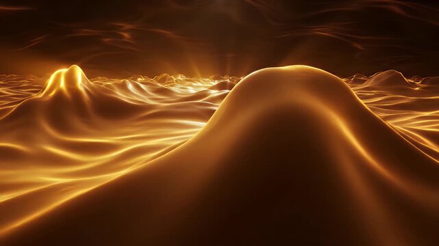 Abstract landscape of golden, undulating terrain illuminated by beams of light from above