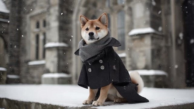 Dog in coat sits outdoors during snowy weather against stone building