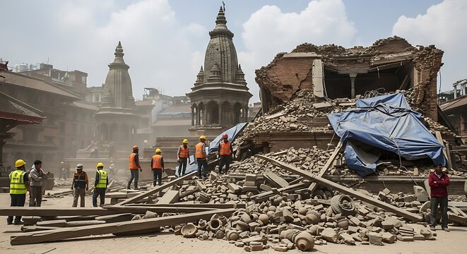 Earthquake Aftermath in Nepal - Rescue Workers Amidst Temple Ruins.