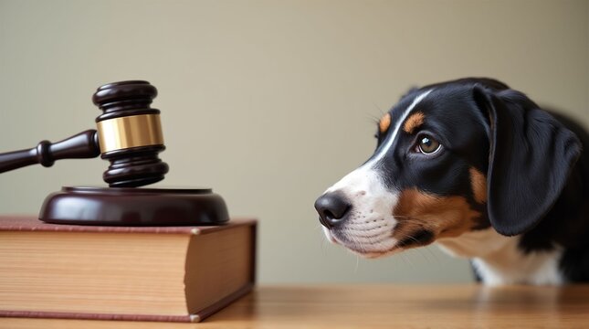 Dog Facing Judge Gavel in Legal Concept Scene