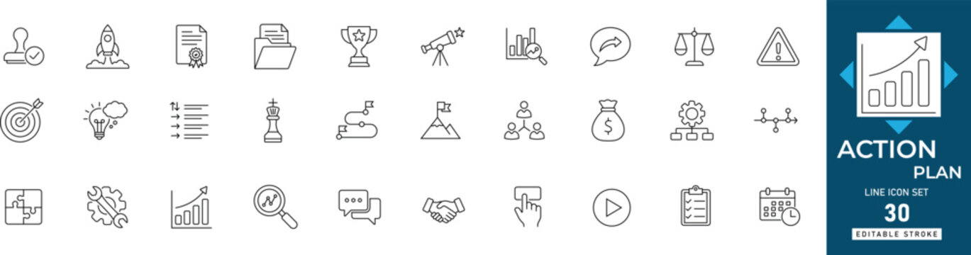 Action plan line icon set featuring strategy, planning, execution, goal, roadmap, steps, and progress. Professional editable vector set for business.
