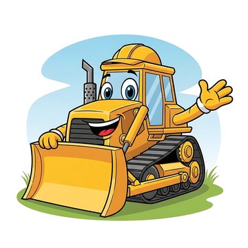 Smiling cartoon bulldozer waving hello.