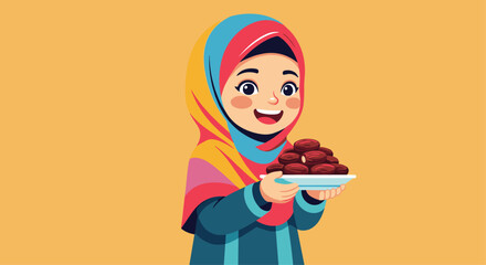 Fototapeta premium A young girl in a colorful hijab smiles while holding a white plate filled with brown dates against a solid orange background.