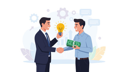 Businessman selling a creative idea to an investor for money. Two men shaking hands, one holding a glowing light bulb and the other a stack of cash. Concept of startup funding and partnership.