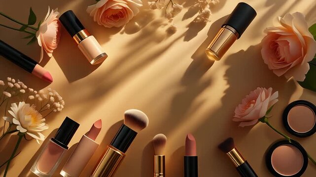Elegant Makeup Products and Roses on Beige Surface Generative AI