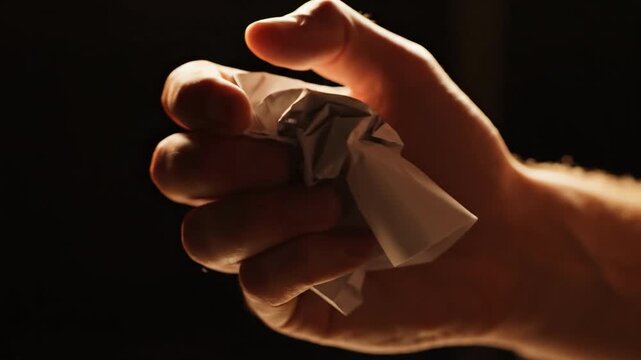 A close-up depicts a hand forcefully crushing a piece of paper, evoking feelings of frustration or determination. Useful for illustrating concepts lik