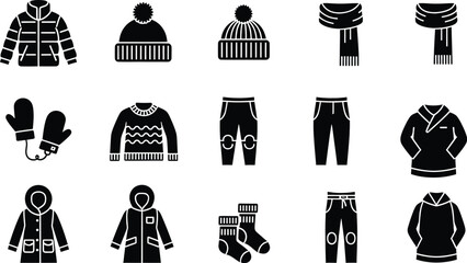 Set of winter clothing black icons including jackets, hats, scarves, and mittens on a white background. © MohammadSakhawat