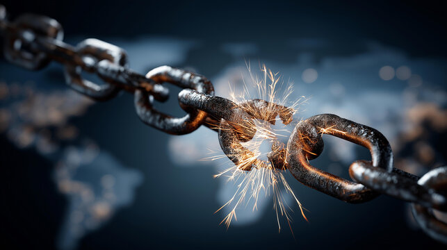 Heavy metal chain snapping apart with sparks against a world map background, defocused backdrop, broken supply chain concept, global trade instability, economic disruption