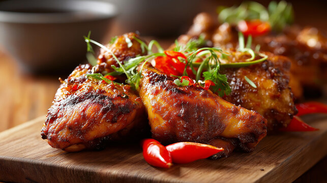 Grilled ayam percik glazed in spicy coconut sauce served with fresh chili slices and herbs on a wooden board in warm natural light, defocused background, Malaysian grilled chicken