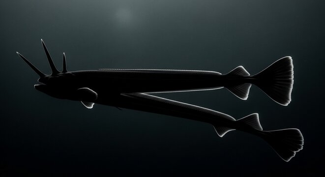 Deep sea dragonfish silhouette in dark water, bioluminescent viperfish swimming in abyss, mysterious alien marine creature with sharp fins