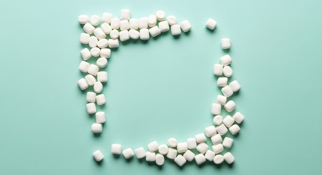 Small white marshmallows forming a square shape on a light green background.