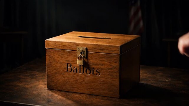 Close up of a hand putting a sealed envelope into a vintage wooden ballot box with a padlock