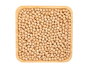 Raw chickpea in bamboo plate, flat lay