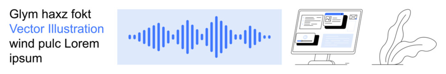 Obraz premium Audio visualization, UI design, abstract art, digital tools, technology concepts, computing. Minimalist soundwave, monitor screen with UI widgets abstract line drawing. Audio visualization and UI