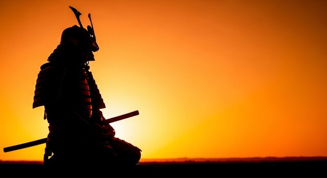 Japanese samurai silhouette at sunset, traditional bushido warrior in kabuto armor, ancient ronin fighter profile against orange sky