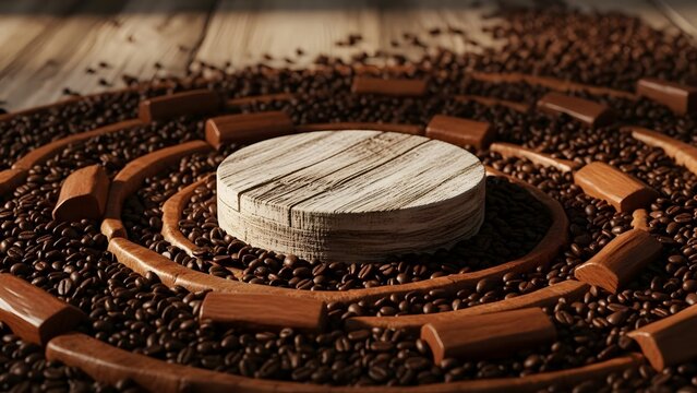 Natural wood podium surrounded by coffee beans and wood