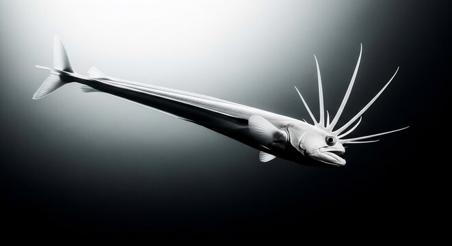 Deep sea oarfish swimming in dark water, bioluminescent silver ribbonfish with long dorsal fins, mysterious abyssal marine life in black and white