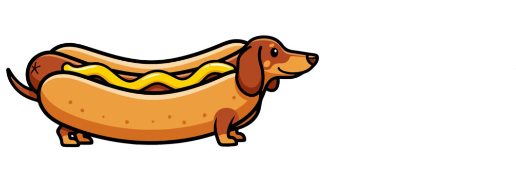 Cartoon dachshund dog with brown fur and floppy ears inside a hot dog bun with yellow mustard, isolated on white background