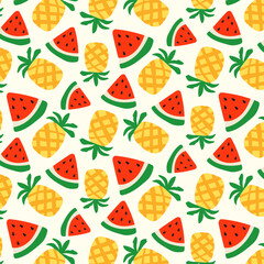 Seamless pattern with tropical fruits, watermelon and pineapple, perfect for summer textile designs and wrapping.