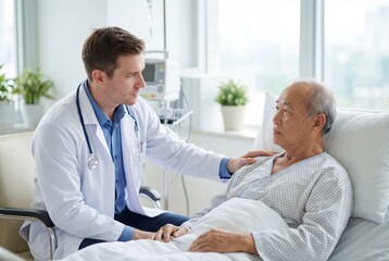 Obraz premium Male doctor in white coat speaking with an elderly asian male patient lying in a hospital bed