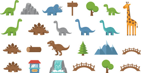 Cute Dinosaur Park Illustration Set with Prehistoric Animals, Trees, Mountains, Signs, and Landscape Elements for Kids Games and Vector Designs © MdMunzurul