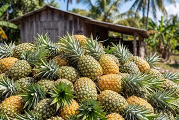 Obraz premium Large pile of freshly harvested pineapples in front of rustic hut