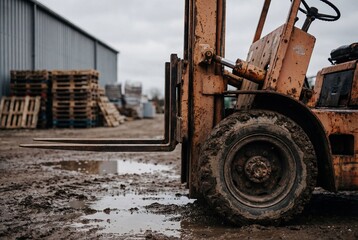 Fototapeta premium Old rusty orange forklift with muddy wheel at an industrial warehouse yard