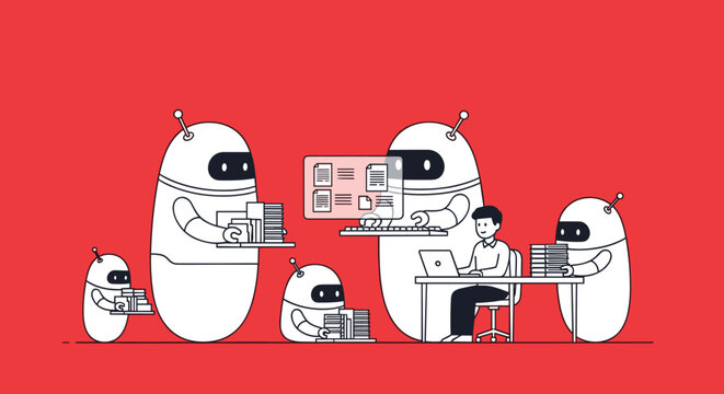 AI Robots Assisting Office Worker with Automation Workflow Concept