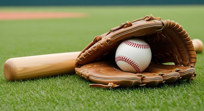 Baseball bat and glove with ball resting on green field.