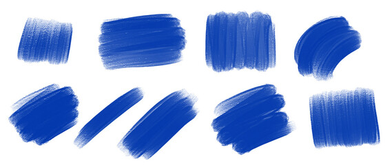 Set of blue paint brush strokes with canvas texture isolated on transparent background for artistic and creative design