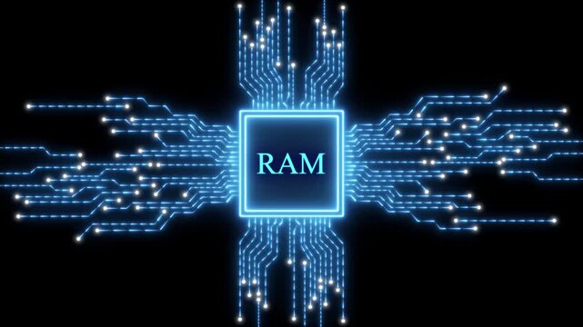 Glowing Blue RAM Chip Circuit Board Abstract random access memory