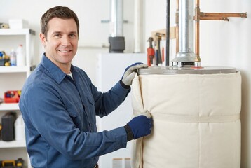 Smiling serviceman wrapping a water heater with an insulating blanket to save energy