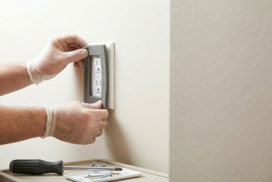Hands in gloves installing a foam gasket on an electrical outlet for insulation