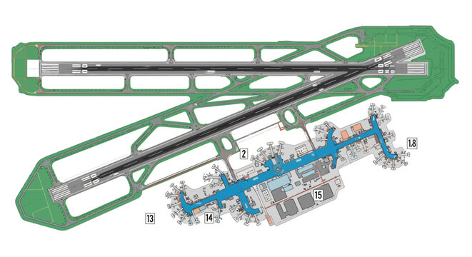Aerial view illustration of an airport terminal and runway layout diagram.