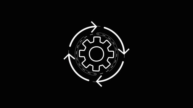 Gear with rotating arrows on black background, symbolizing settings, configuration, and cyclical process.