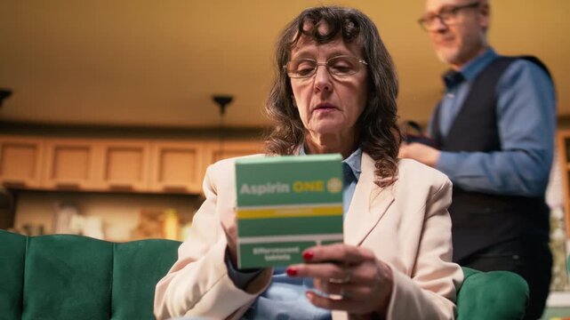 Retired female reading pills box dosage and administration advice, supporting vitality and disease prevention at home. Aged woman checking label of vitamins for daily care, in-home treatment.