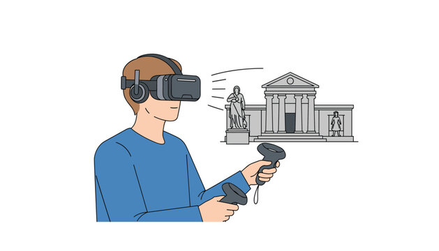 Man experiencing virtual reality in museum with VR headset and controllers