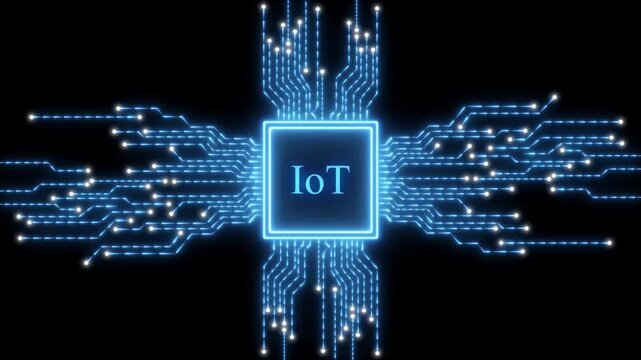 Central processor with Io T text and glowing blue circuits