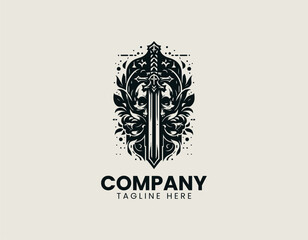 Obraz premium Vertical sword combined with skull mask in detailed black vector logo illustration