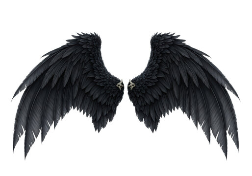 massive, hyper-realistic, symmetrically spread black demonic wings with intricate feather detail and crisp rim lighting, isolated on a transparent background. concept of duality and dark power