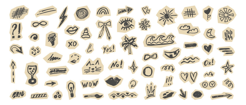 A collection of hand-drawn doodle elements on torn pieces of paper. Abstract icons and symbols for art, design, and scrapbooking. Creative collage for social media.
