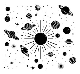 Solar System Space Vector Set with Sun Planets and Stars, Minimalist Celestial Galaxy Doodle Illustration © Luka