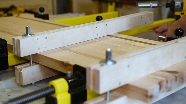 Set of clamps tools instruments for compressing and gluing wooden beams on work table in carpentry workshop, small business woodshop creating handmade items and furniture for home and living.