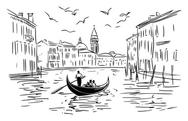 Venice Italy Grand Canal with Gondola Sketch, Hand Drawn Italian Cityscape Illustration with Gondolier and Historic Buildings © Luka